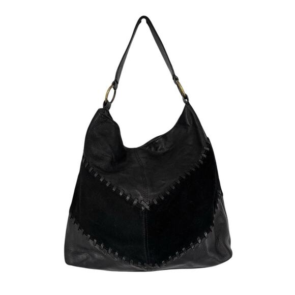 Johnny Was Black Leather Hobo Bag Slouchy Suede Patchwork Woodstock Boho Hippie - Picture 1 of 16
